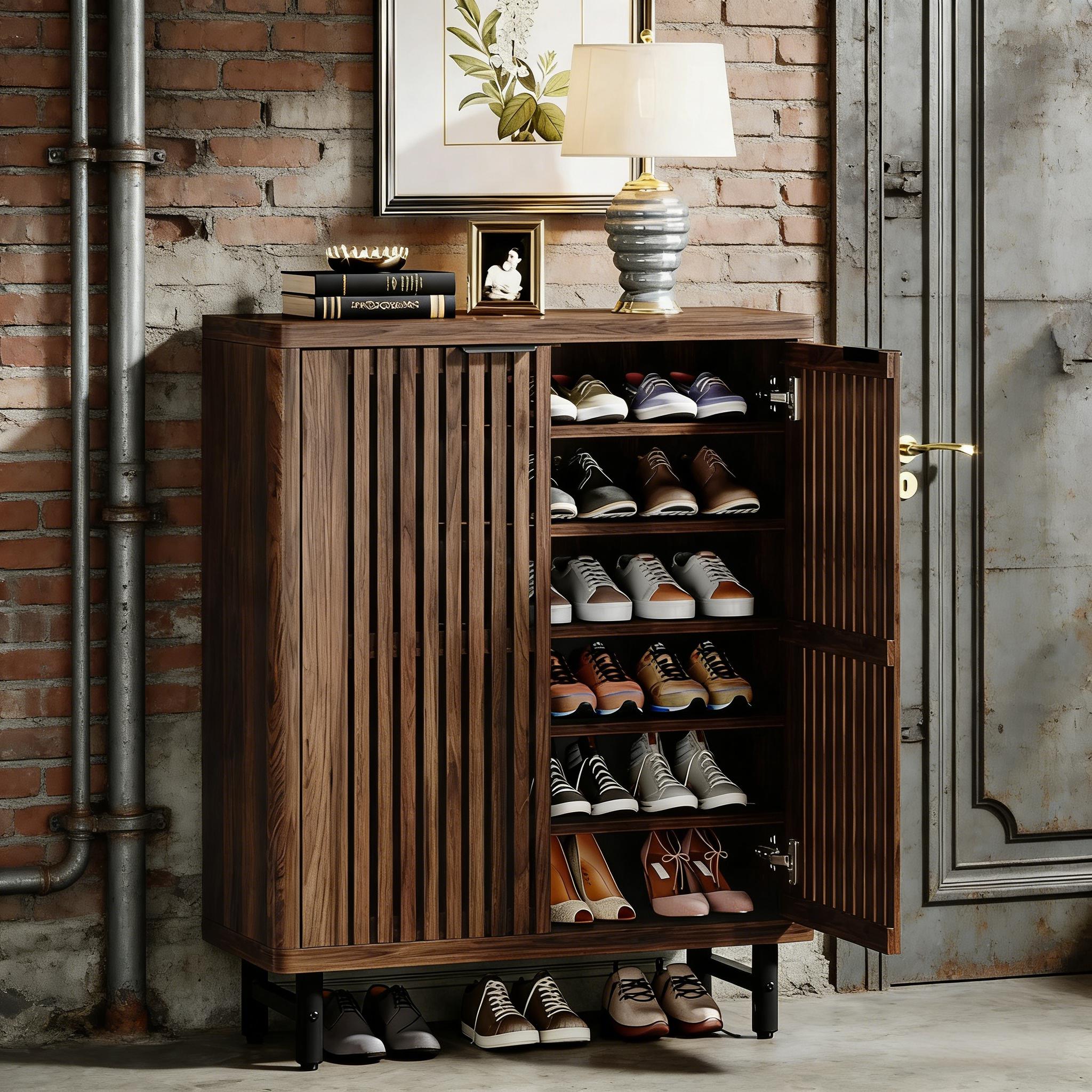 <old Sku: S05790088> 6-Tier Wooden Shoe Cabinet With Louvered Doors & Adjustable Shelves_maomaolike.com